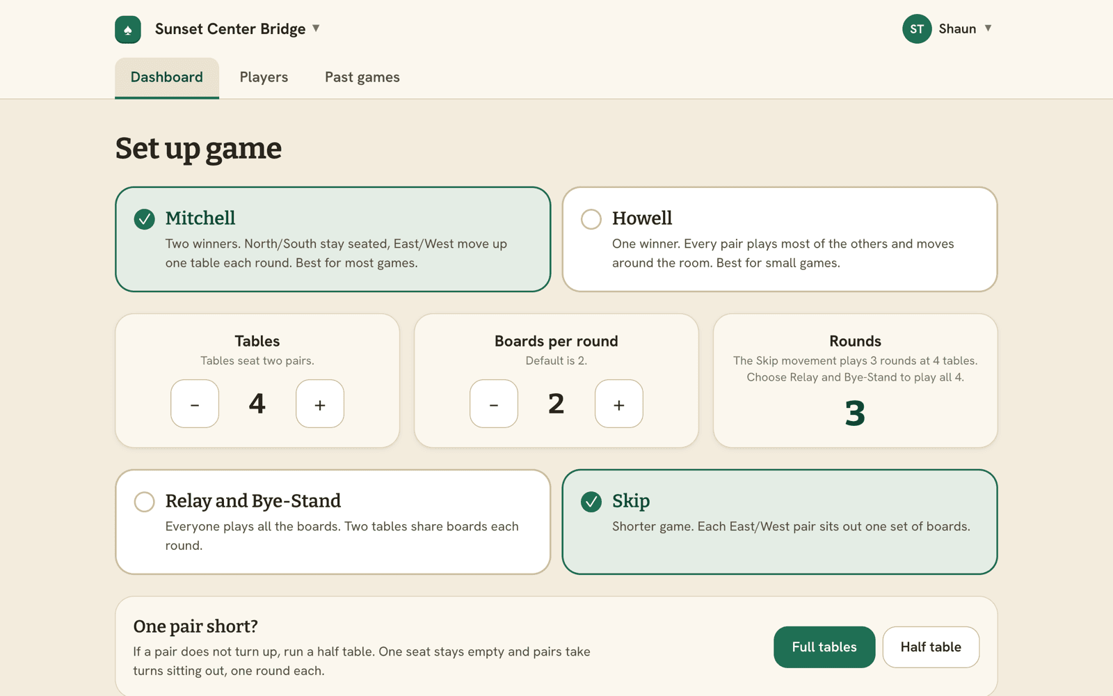 Game setup with movement cards and seating